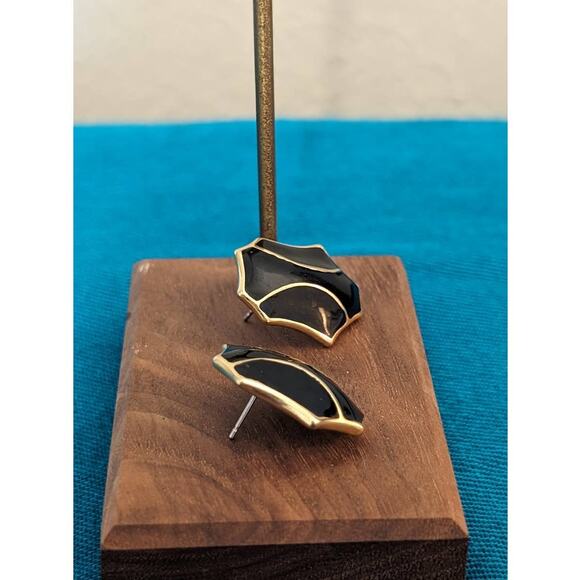 Monet Vintage Black Enamel Gold Tone Post Earrings - Picture 3 of 7